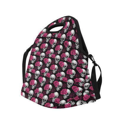 Pink Rose Skull Themed Print Neoprene Lunch Bag (Model 1669)(Large)-JTAMIGO.COM