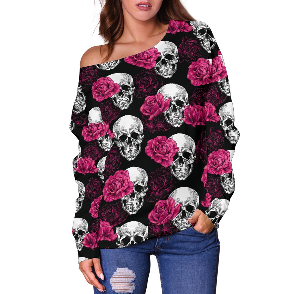 Pink Rose Skull Themed Print Off Shoulder Sweatshirt