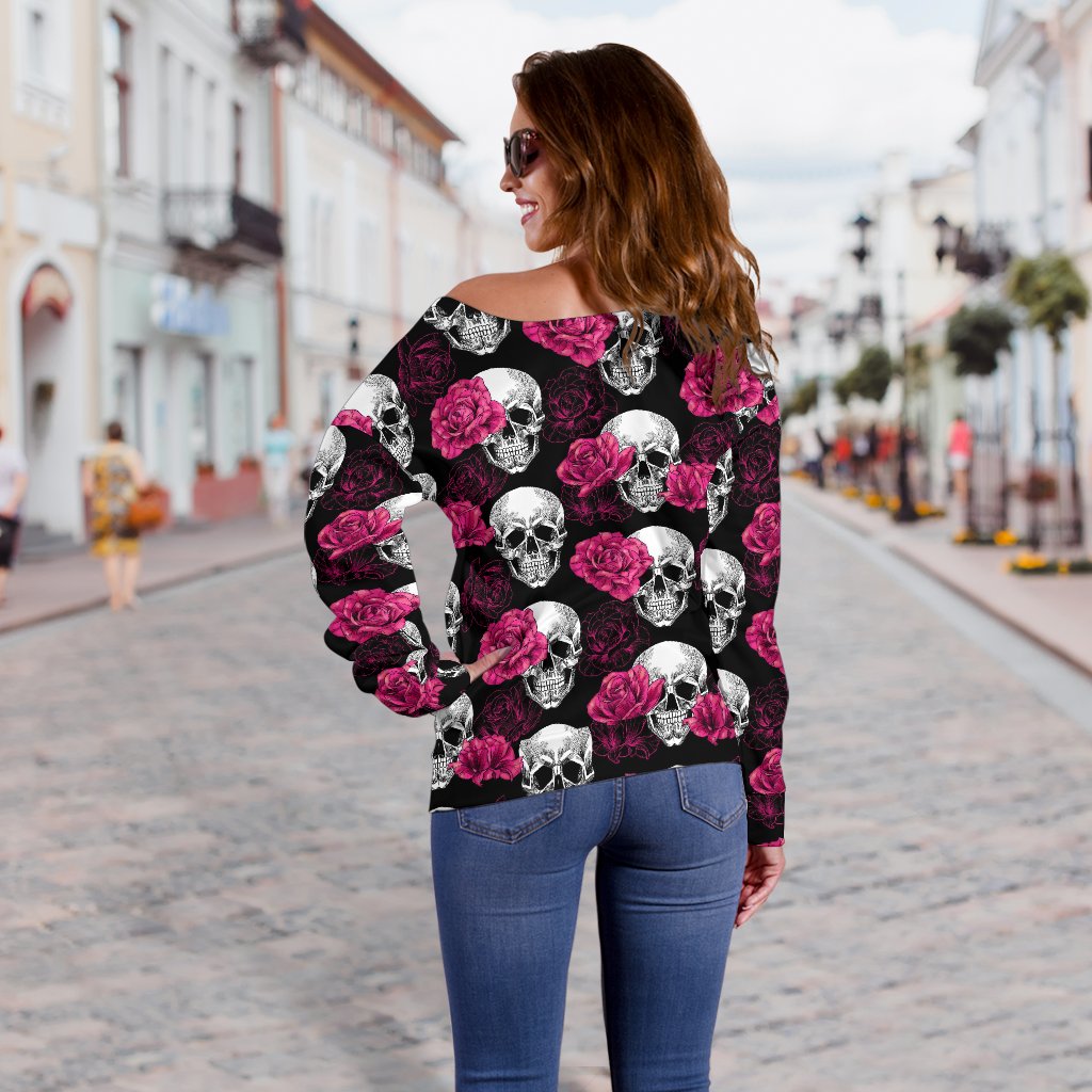 Pink Rose Skull Themed Print Off Shoulder Sweatshirt