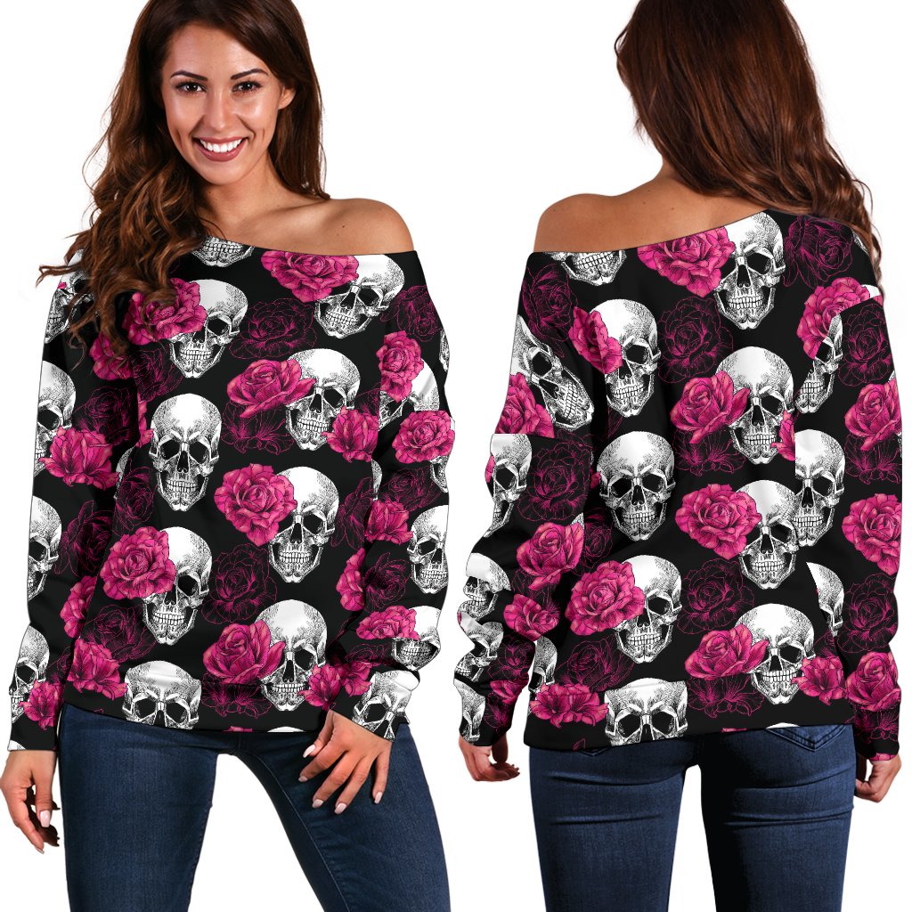 Pink Rose Skull Themed Print Off Shoulder Sweatshirt