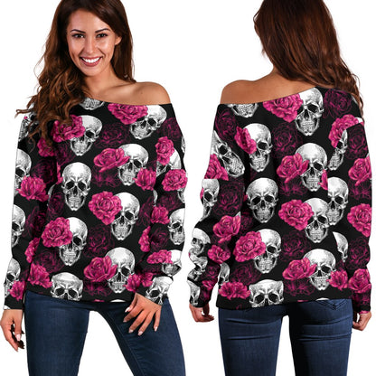 Pink Rose Skull Themed Print Off Shoulder Sweatshirt