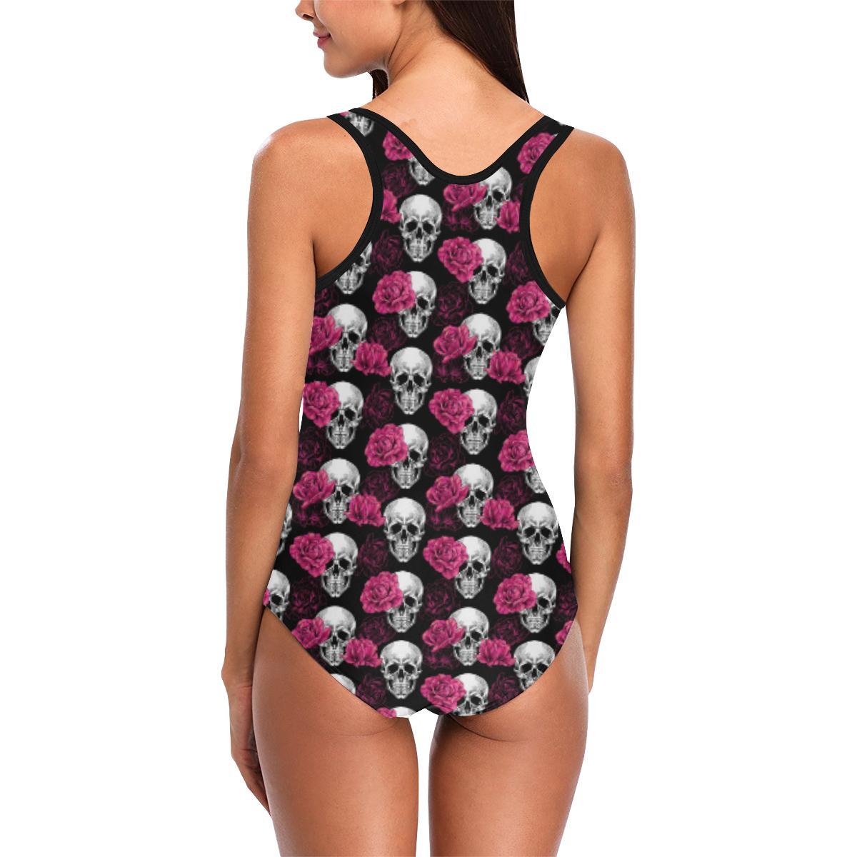 Pink Rose Skull Themed Print One Piece Swimsuit-JTAMIGO.COM