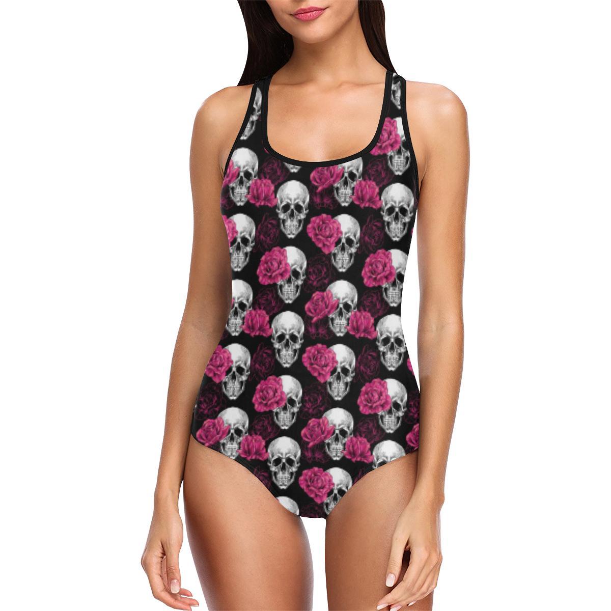 Pink Rose Skull Themed Print One Piece Swimsuit-JTAMIGO.COM