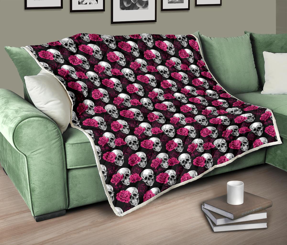 Pink Rose Skull Themed Print Premium Quilt-JTAMIGO.COM