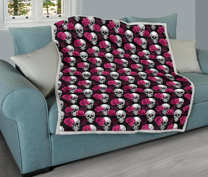 Pink Rose Skull Themed Print Premium Quilt-JTAMIGO.COM