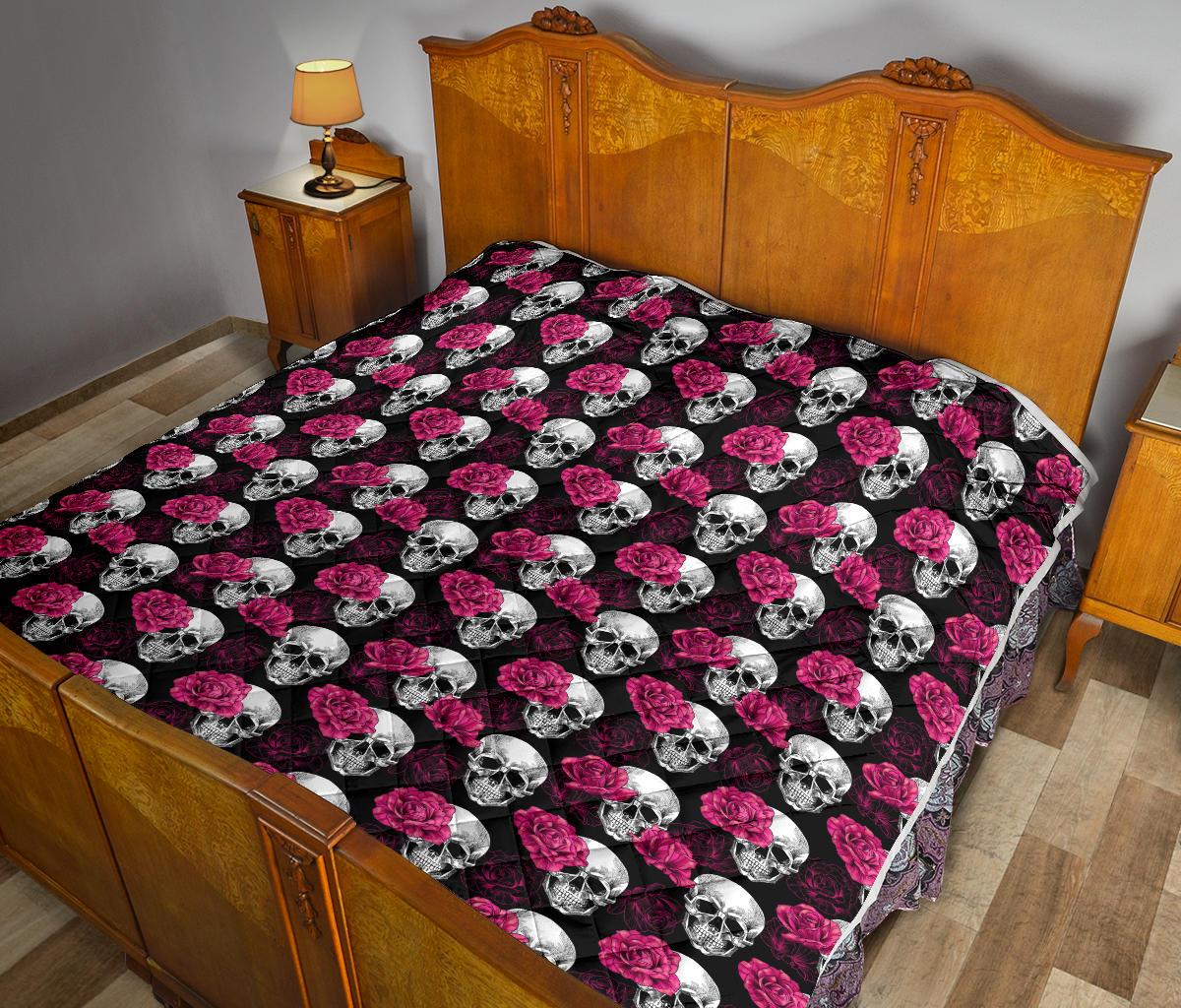 Pink Rose Skull Themed Print Premium Quilt-JTAMIGO.COM