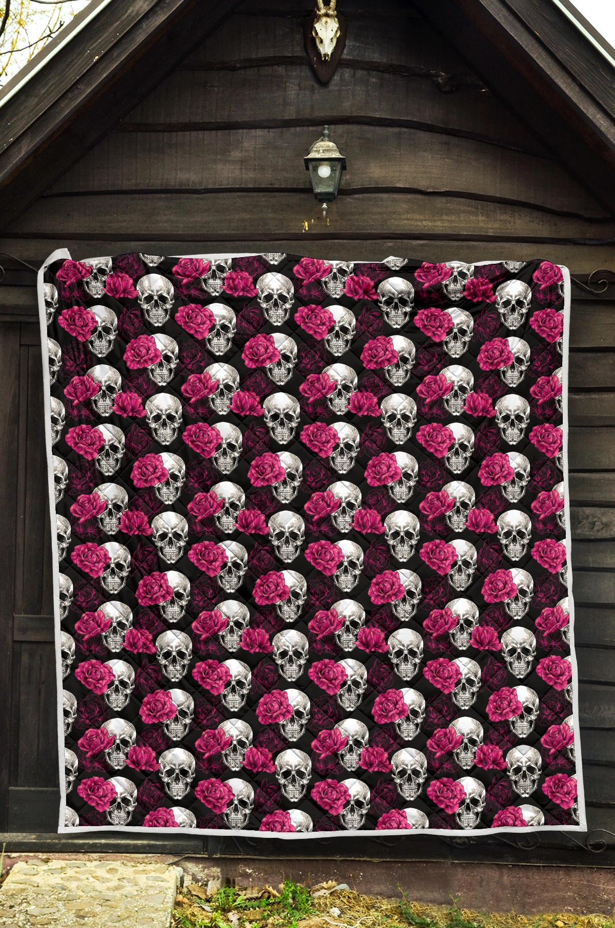 Pink Rose Skull Themed Print Premium Quilt-JTAMIGO.COM