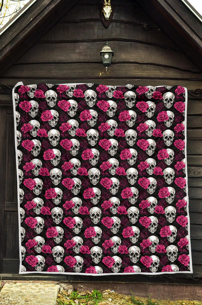 Pink Rose Skull Themed Print Premium Quilt-JTAMIGO.COM
