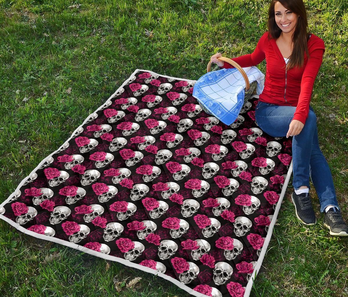 Pink Rose Skull Themed Print Premium Quilt-JTAMIGO.COM