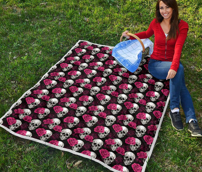 Pink Rose Skull Themed Print Premium Quilt-JTAMIGO.COM