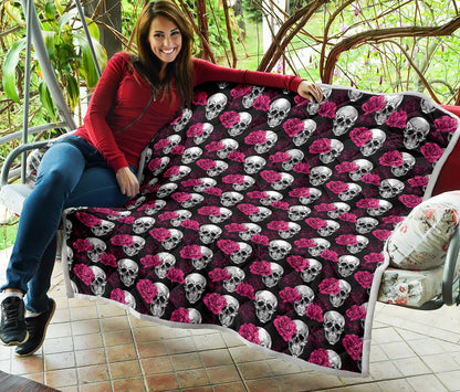 Pink Rose Skull Themed Print Premium Quilt-JTAMIGO.COM