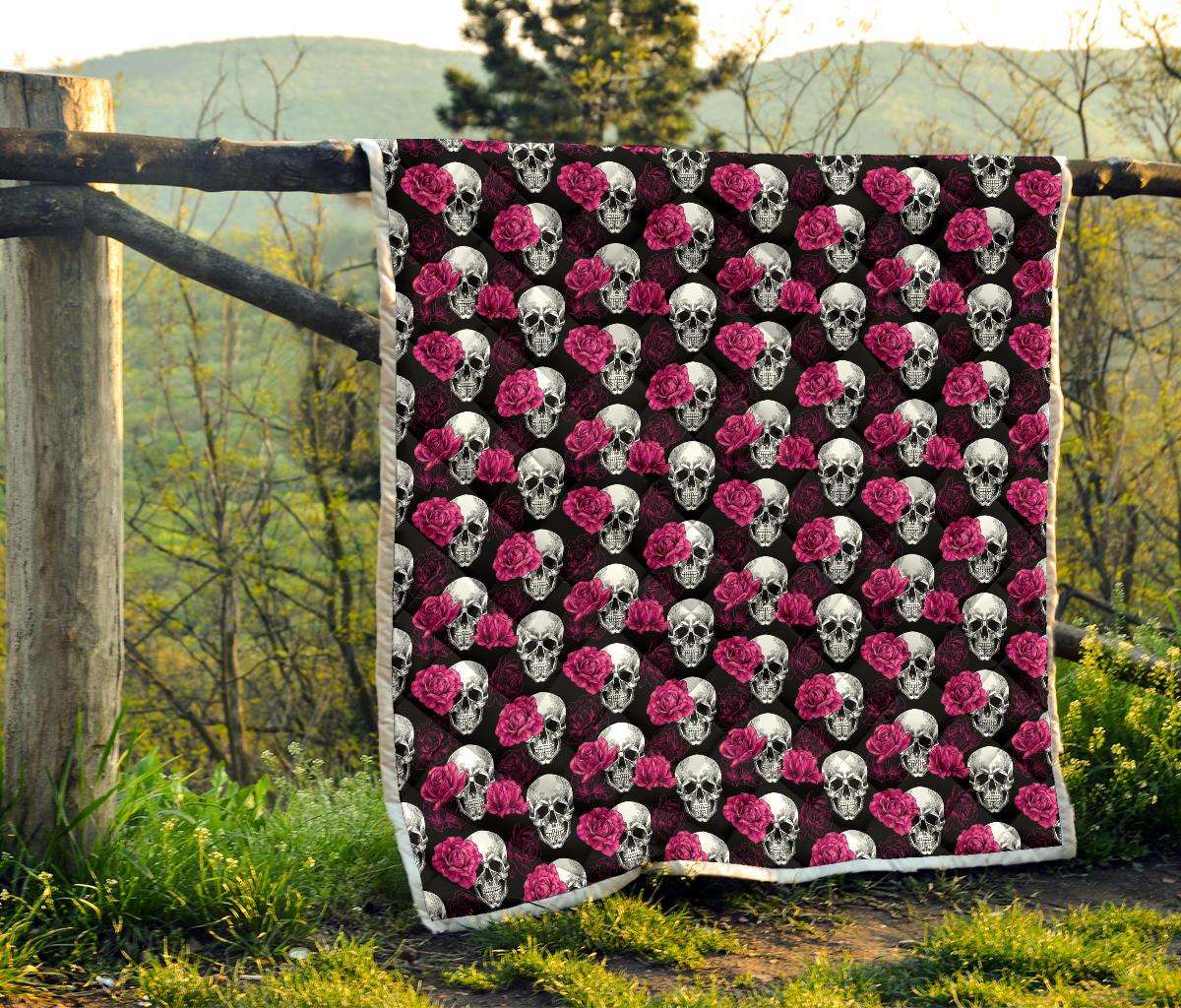 Pink Rose Skull Themed Print Premium Quilt-JTAMIGO.COM