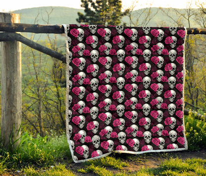 Pink Rose Skull Themed Print Premium Quilt-JTAMIGO.COM