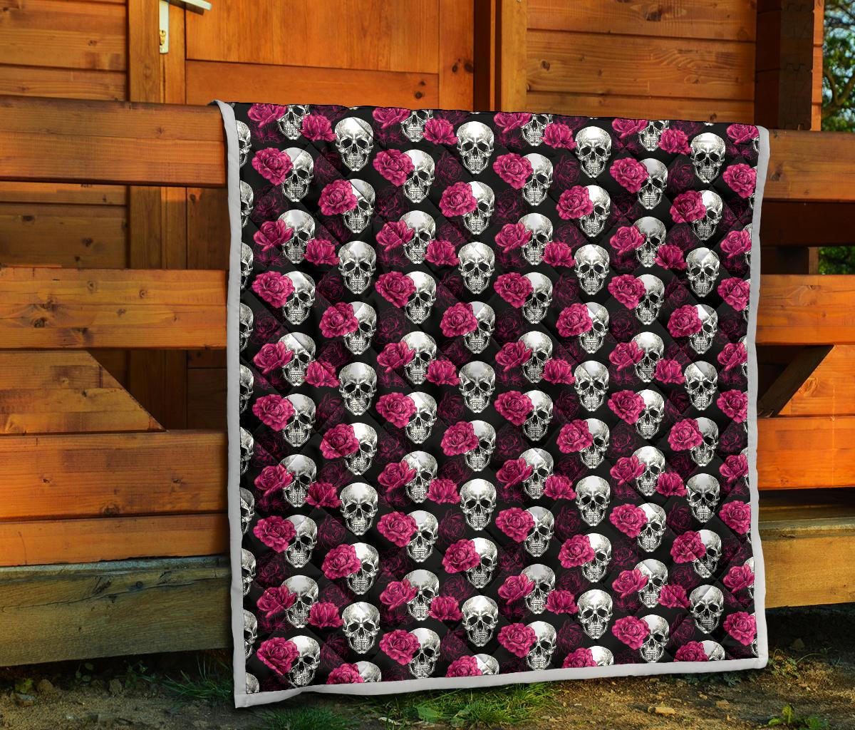 Pink Rose Skull Themed Print Premium Quilt-JTAMIGO.COM