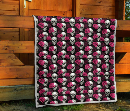 Pink Rose Skull Themed Print Premium Quilt-JTAMIGO.COM
