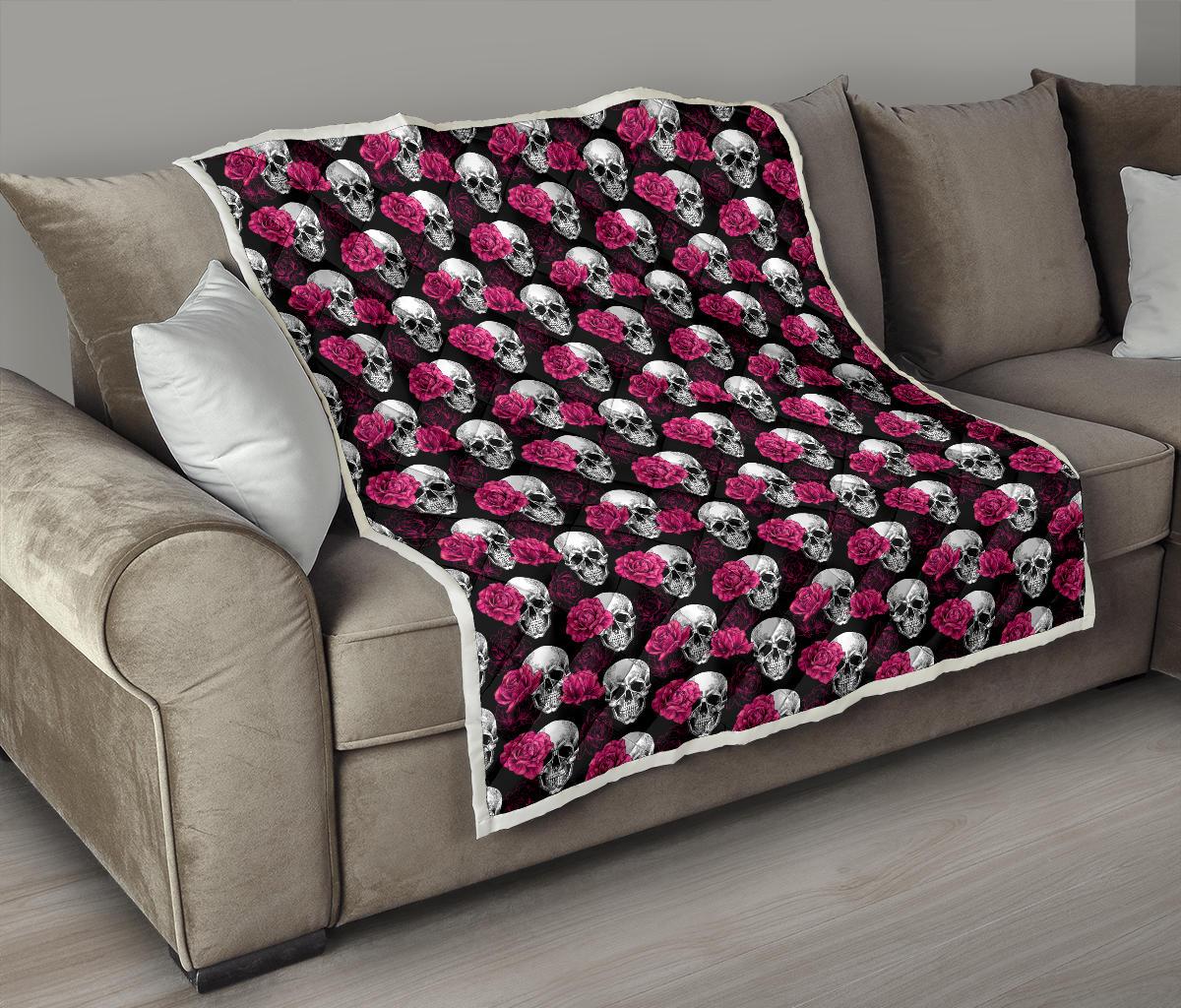 Pink Rose Skull Themed Print Premium Quilt-JTAMIGO.COM