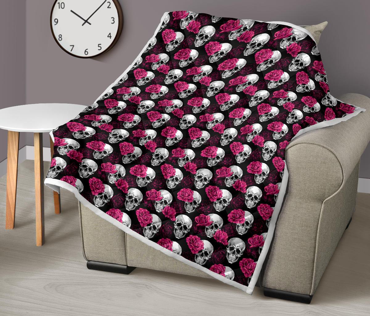 Pink Rose Skull Themed Print Premium Quilt-JTAMIGO.COM