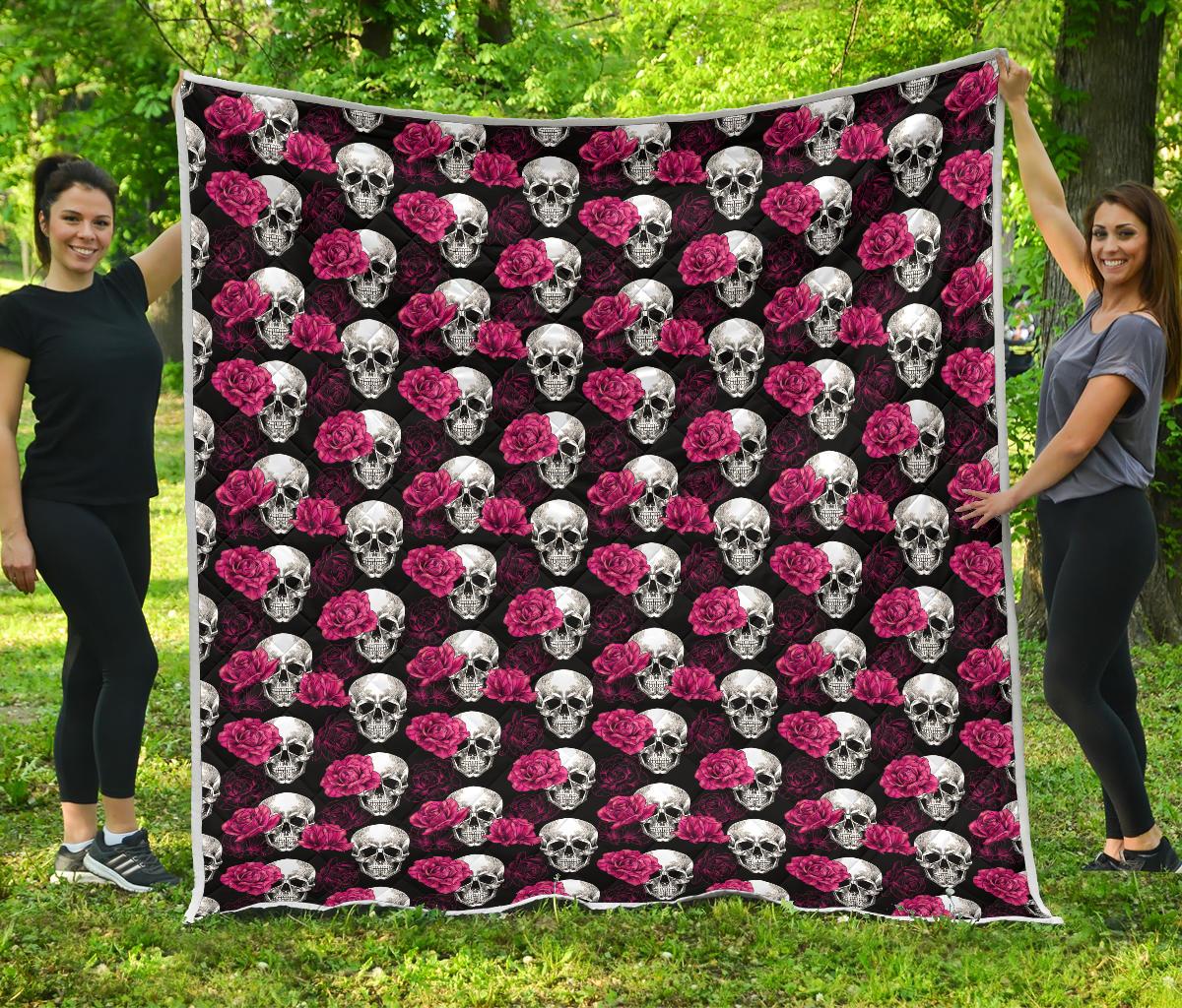 Pink Rose Skull Themed Print Premium Quilt-JTAMIGO.COM