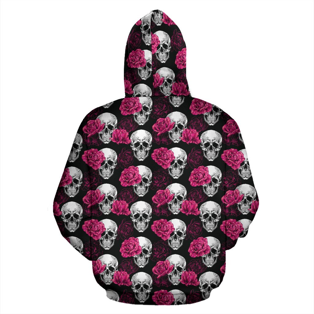 Pink Rose Skull Themed Print Pullover Hoodie