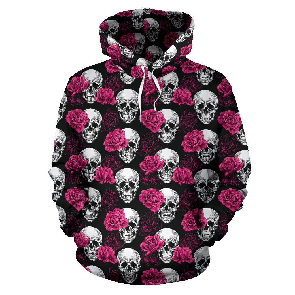 Pink Rose Skull Themed Print Pullover Hoodie