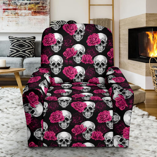 Pink Rose Skull Themed Print Single Sofa Slipcover -JTAMIGO.COM