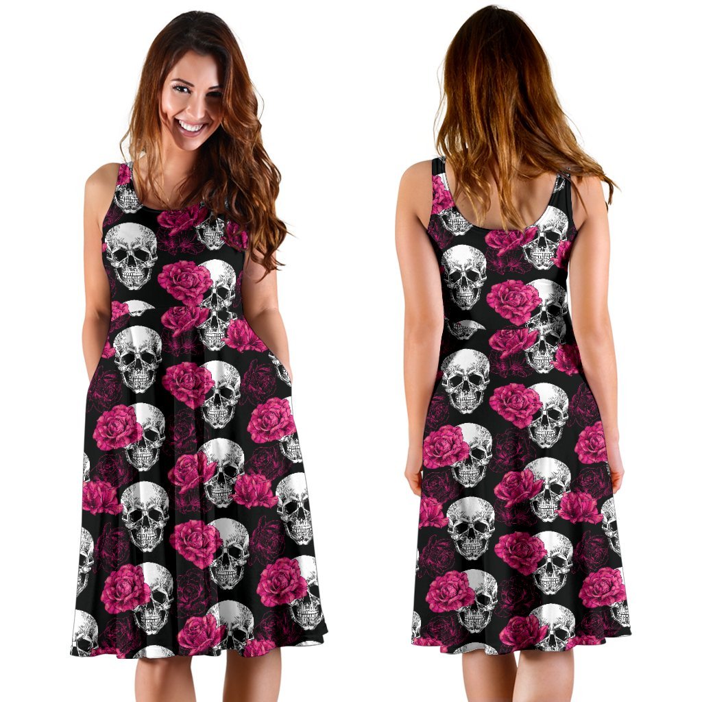 Pink Rose Skull Themed Print Sleeveless Dress