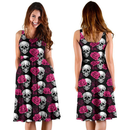 Pink Rose Skull Themed Print Sleeveless Dress