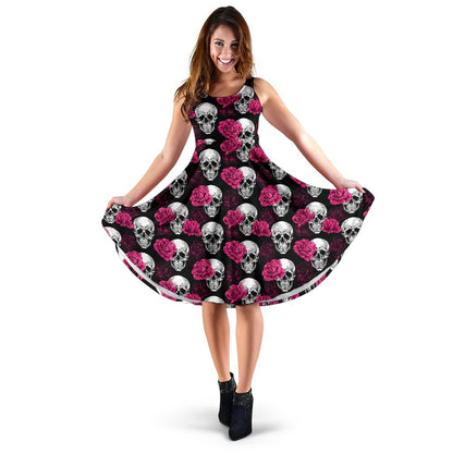 Pink Rose Skull Themed Print Sleeveless Dress