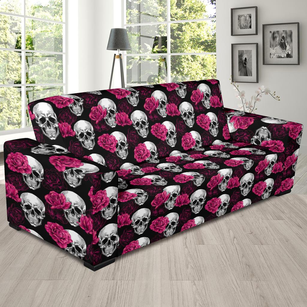 Pink Rose Skull Themed Print Sofa Slipcover-JTAMIGO.COM