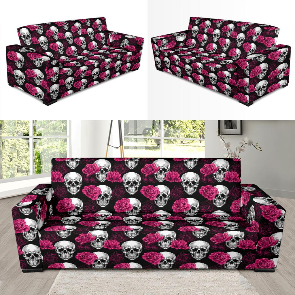 Pink Rose Skull Themed Print Sofa Slipcover-JTAMIGO.COM
