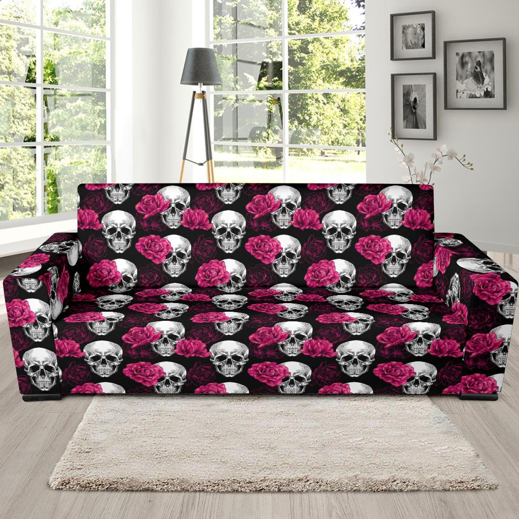 Pink Rose Skull Themed Print Sofa Slipcover-JTAMIGO.COM