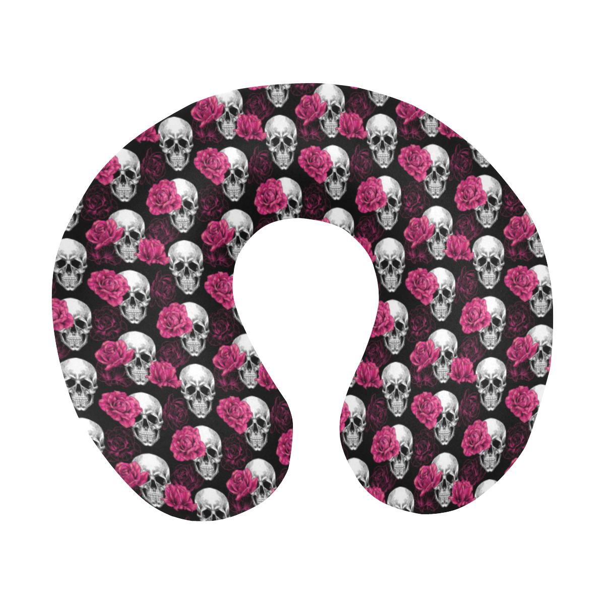 Pink Rose Skull Themed Print U-Shaped Travel Neck Pillow-JTAMIGO.COM