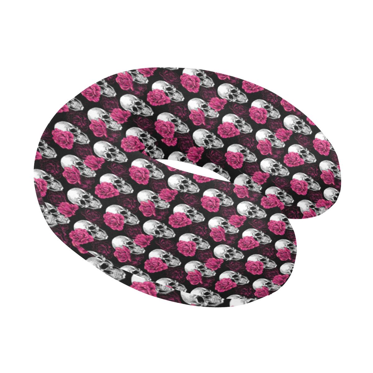Pink Rose Skull Themed Print U-Shaped Travel Neck Pillow-JTAMIGO.COM
