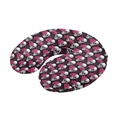 Pink Rose Skull Themed Print U-Shaped Travel Neck Pillow-JTAMIGO.COM