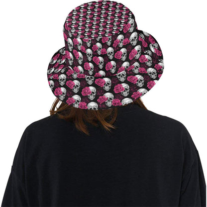 Pink Rose Skull Themed Print Unisex Bucket Hat