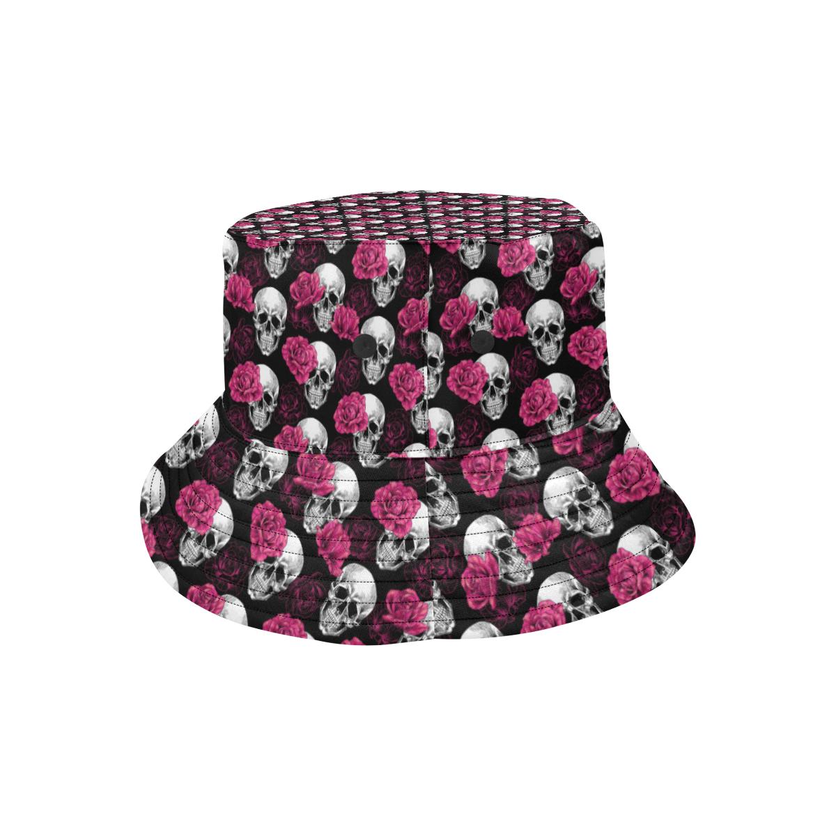 Pink Rose Skull Themed Print Unisex Bucket Hat