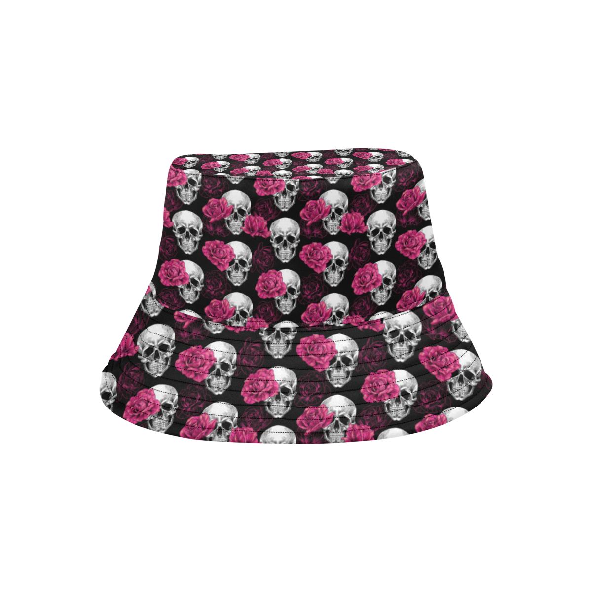 Pink Rose Skull Themed Print Unisex Bucket Hat
