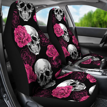 Pink Rose Skull Themed Print Universal Fit Car Seat Covers