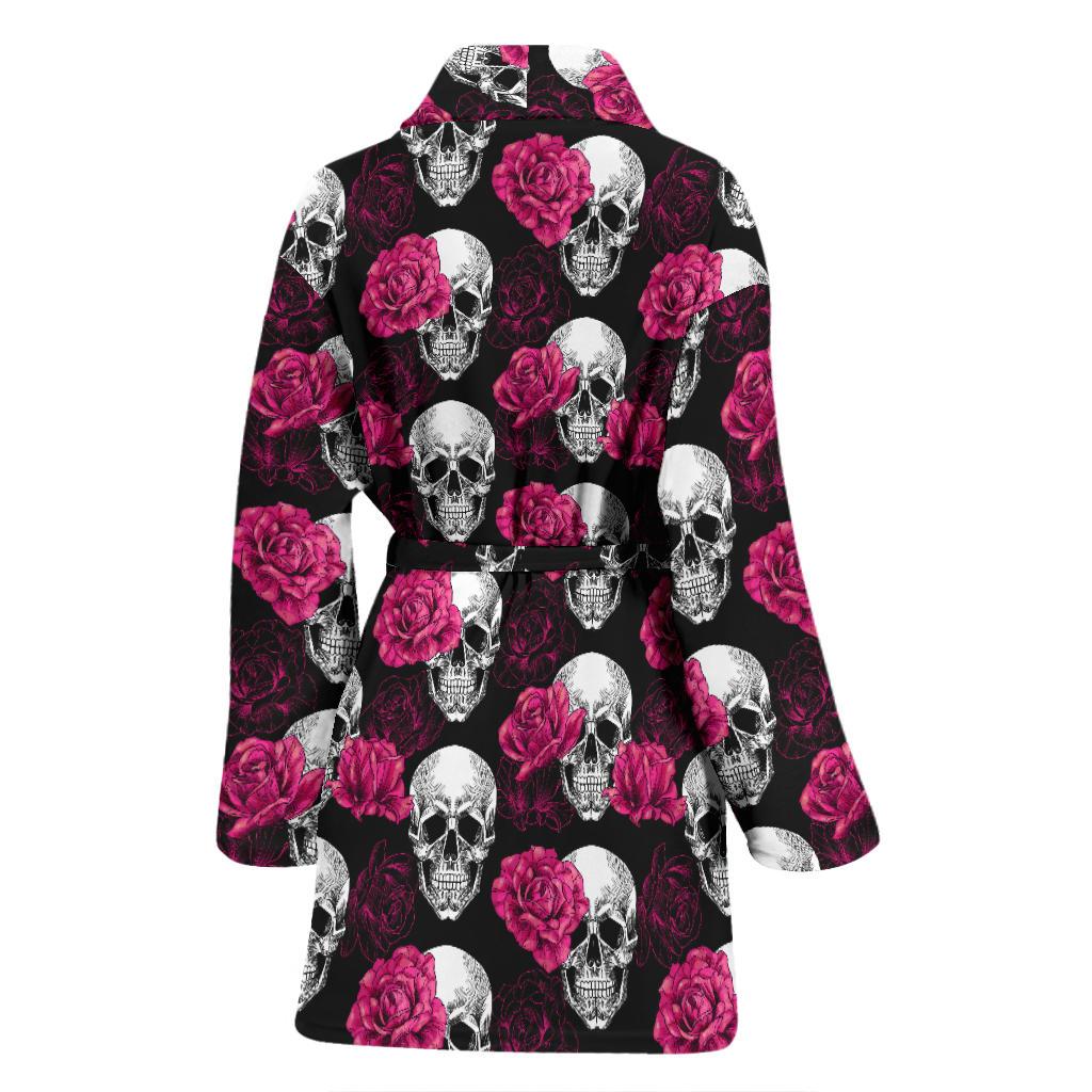 Pink Rose Skull Themed Print Women Bath Robe-JTAMIGO.COM