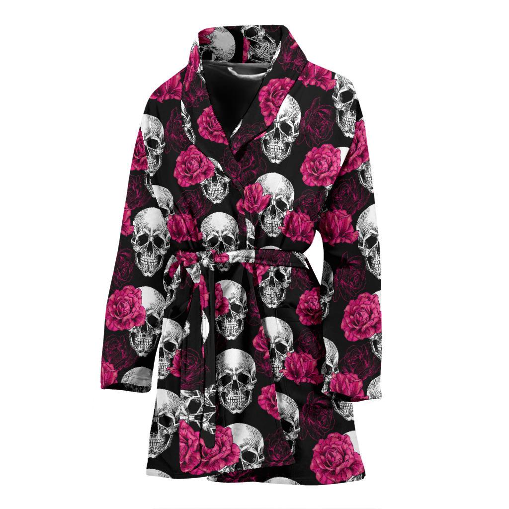 Pink Rose Skull Themed Print Women Bath Robe-JTAMIGO.COM