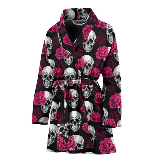 Pink Rose Skull Themed Print Women Bath Robe-JTAMIGO.COM