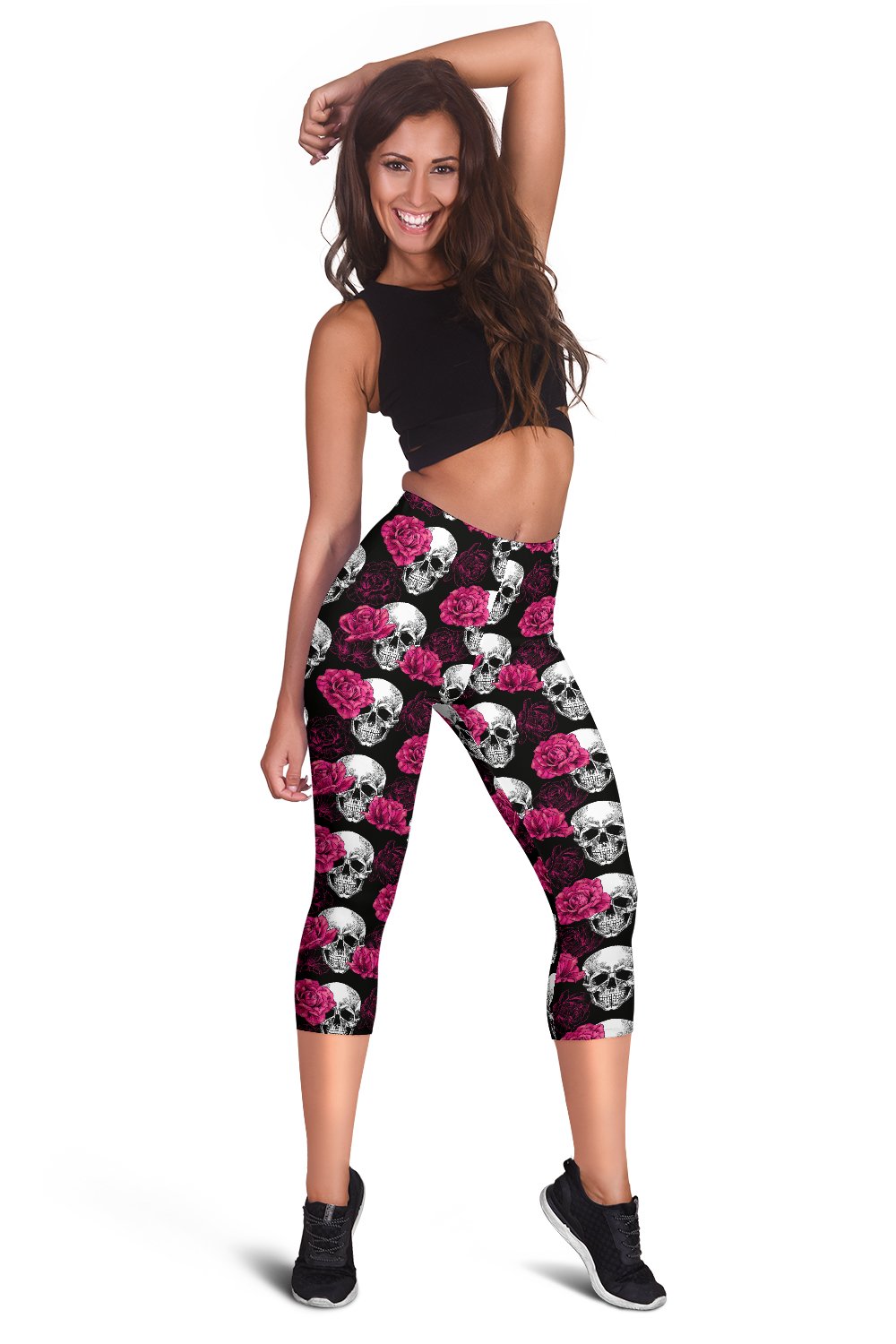 Pink Rose Skull Themed Print Women Capris