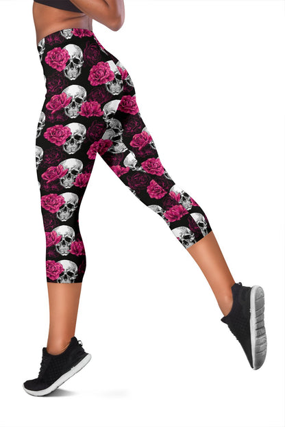 Pink Rose Skull Themed Print Women Capris