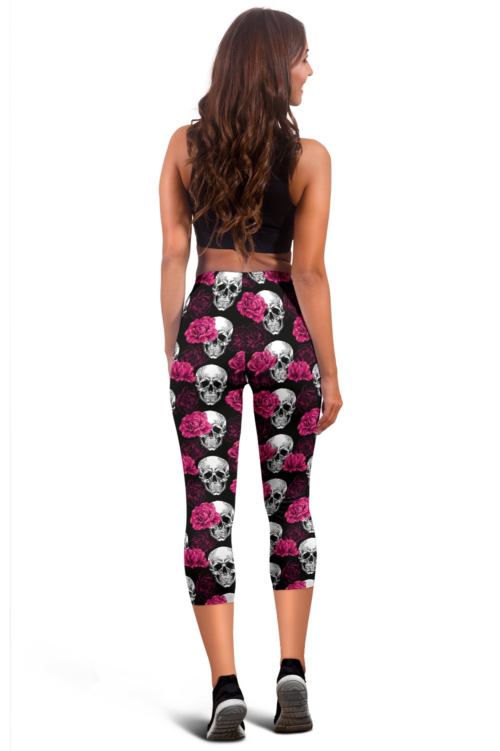 Pink Rose Skull Themed Print Women Capris