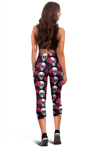 Pink Rose Skull Themed Print Women Capris