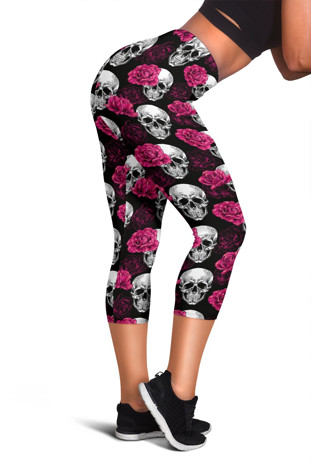 Pink Rose Skull Themed Print Women Capris