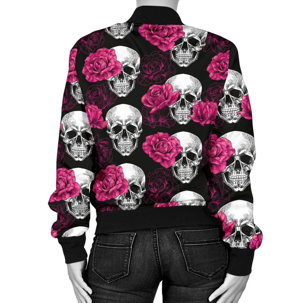 Pink Rose Skull Themed Print Women Casual Bomber Jacket