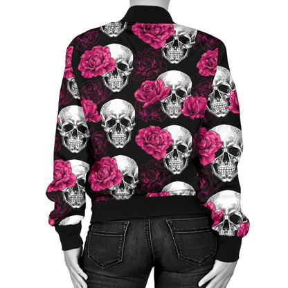 Pink Rose Skull Themed Print Women Casual Bomber Jacket
