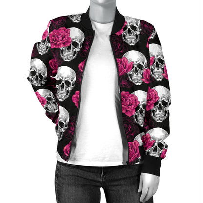 Pink Rose Skull Themed Print Women Casual Bomber Jacket
