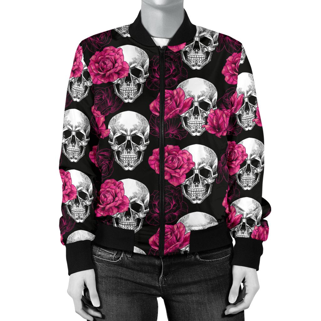Pink Rose Skull Themed Print Women Casual Bomber Jacket